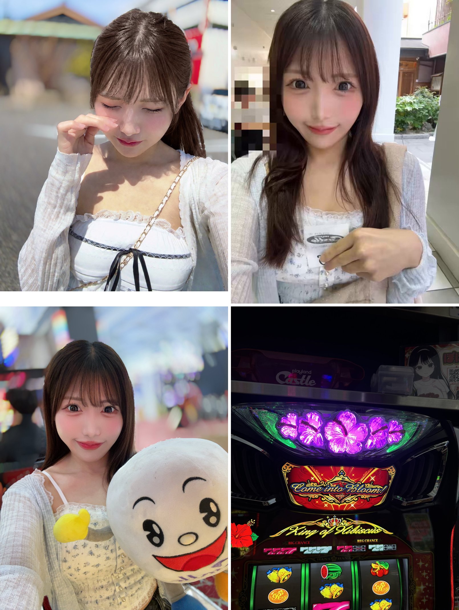 前日告知の自撮り、抽選券を持つ朝の様子、店内マスコットとの写真、ニューキングハナハナ筐体のアップ