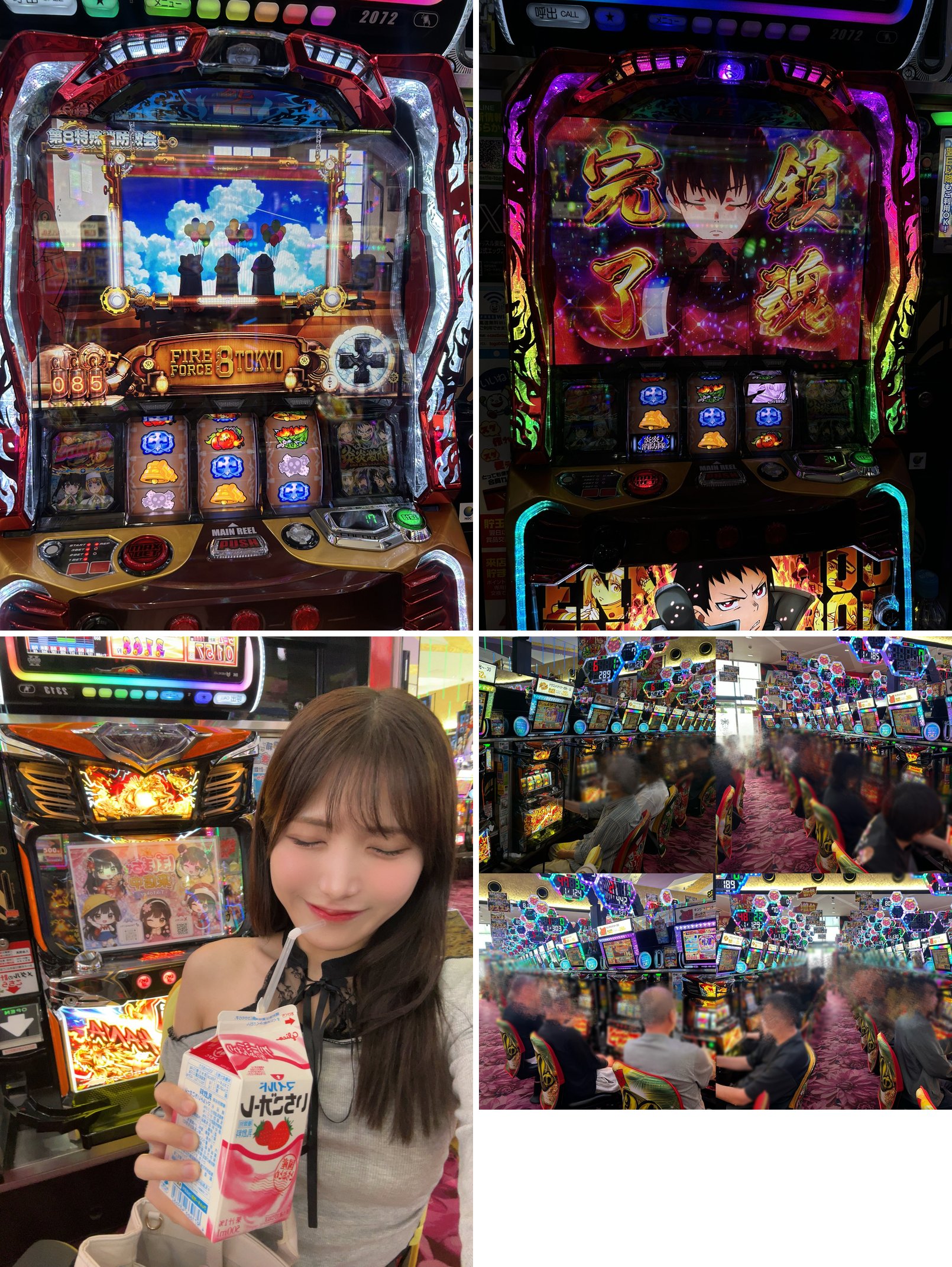 Lパチスロ炎炎ノ消防隊2の実戦画面、ドラゴンハナハナ～閃光～30の店内写真、新台入替POP