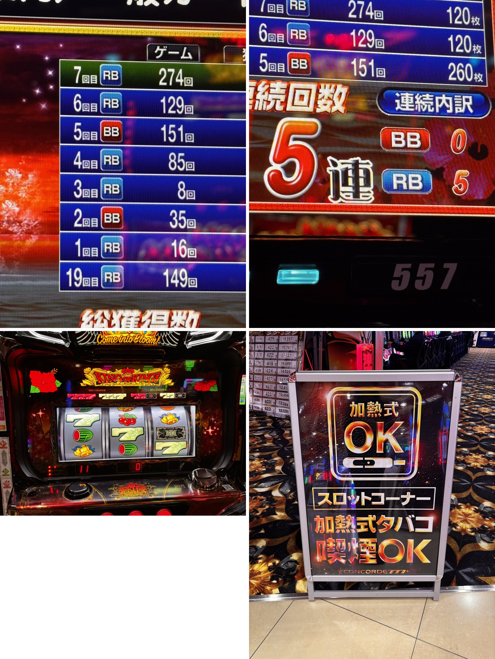 キングハナハナ-30の筐体正面、加熱式タバコ喫煙OKを知らせるスロットコーナーの案内看板です。