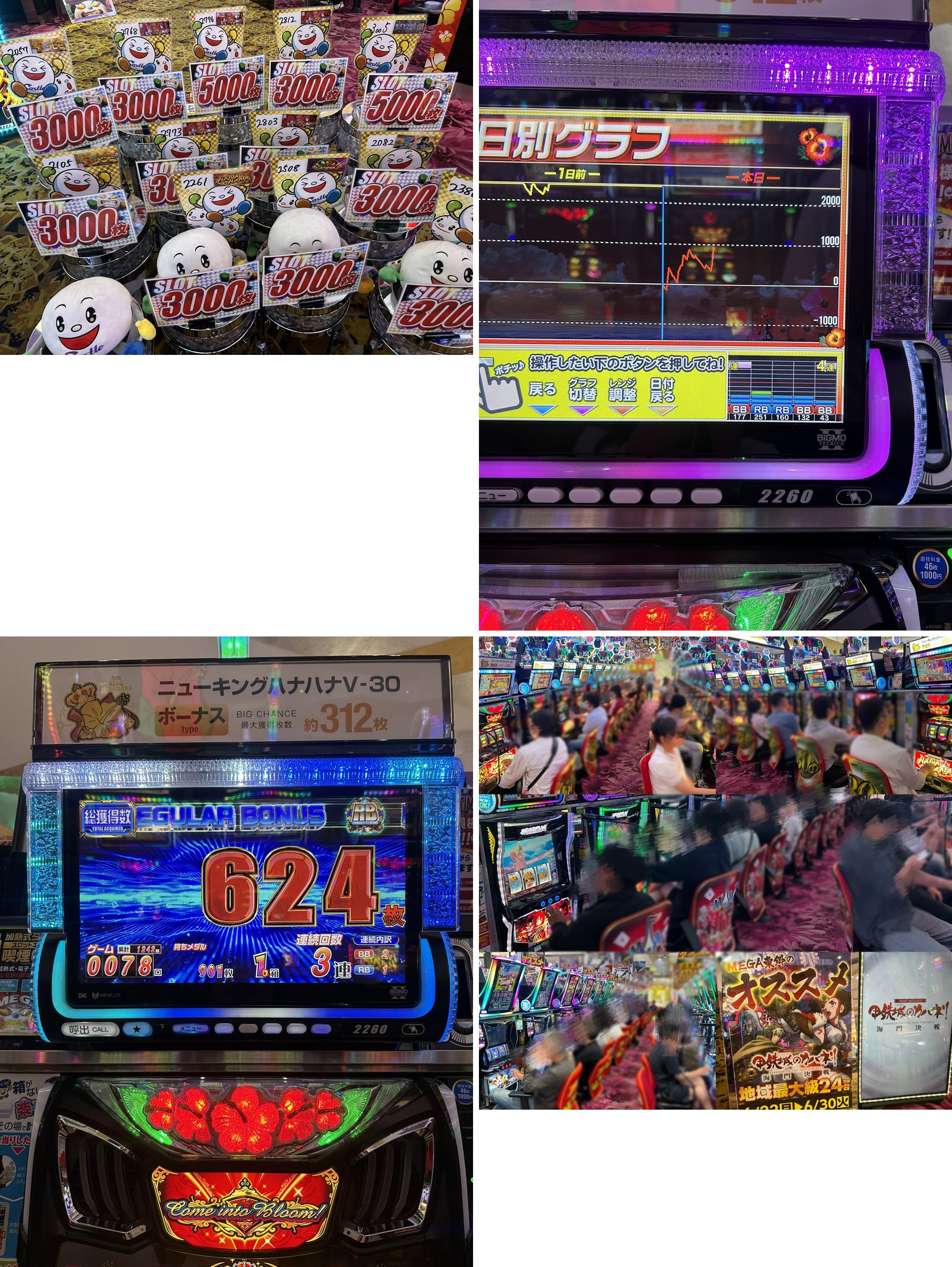 出玉達成POPの集合と、にぎわう店内