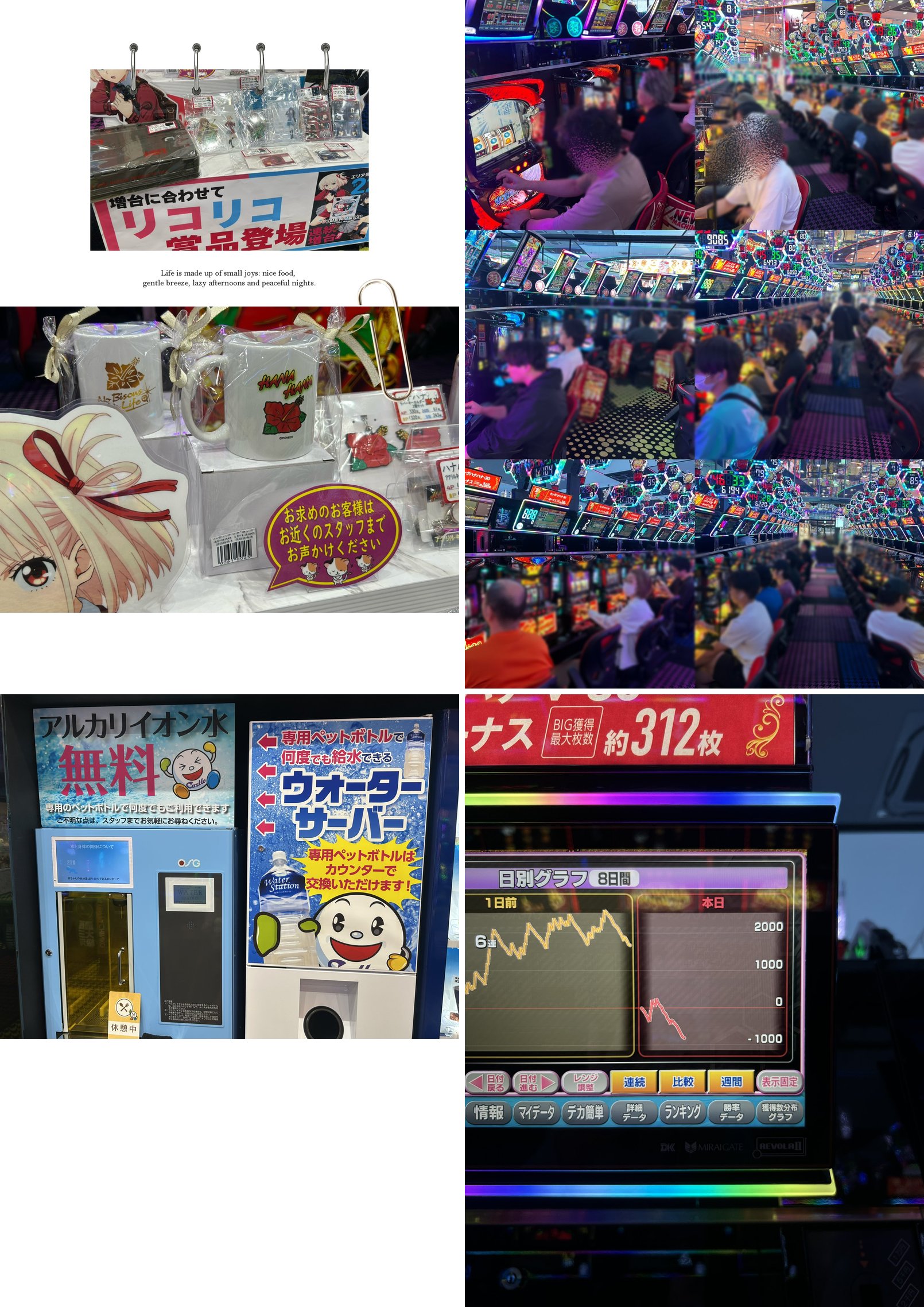 (1)リコリコ賞品・ハナハナ賞品コーナー (2)開店直後の店内満台の様子(3)7/28 10:02 アルカリイオン水無料のウォーターサーバー (4)7/28 12:11 ぽぽちゃさんの台の日別グラフ