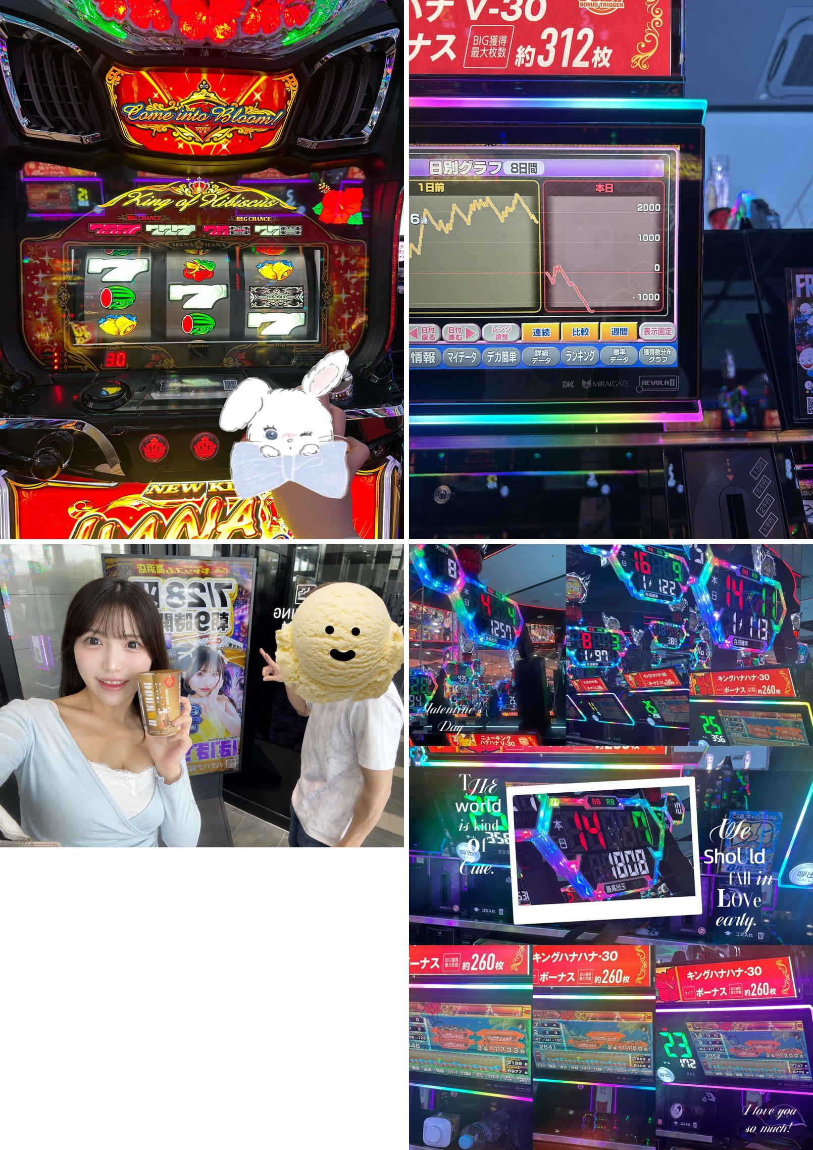 (1)7/28 13:01 ぽぽちゃさんの台 (2)ぽぽちゃさんの台の日別グラフ (3)7/28 13:55 店頭サイネージ前でのショット (4)ハナハナ島のデータ表示