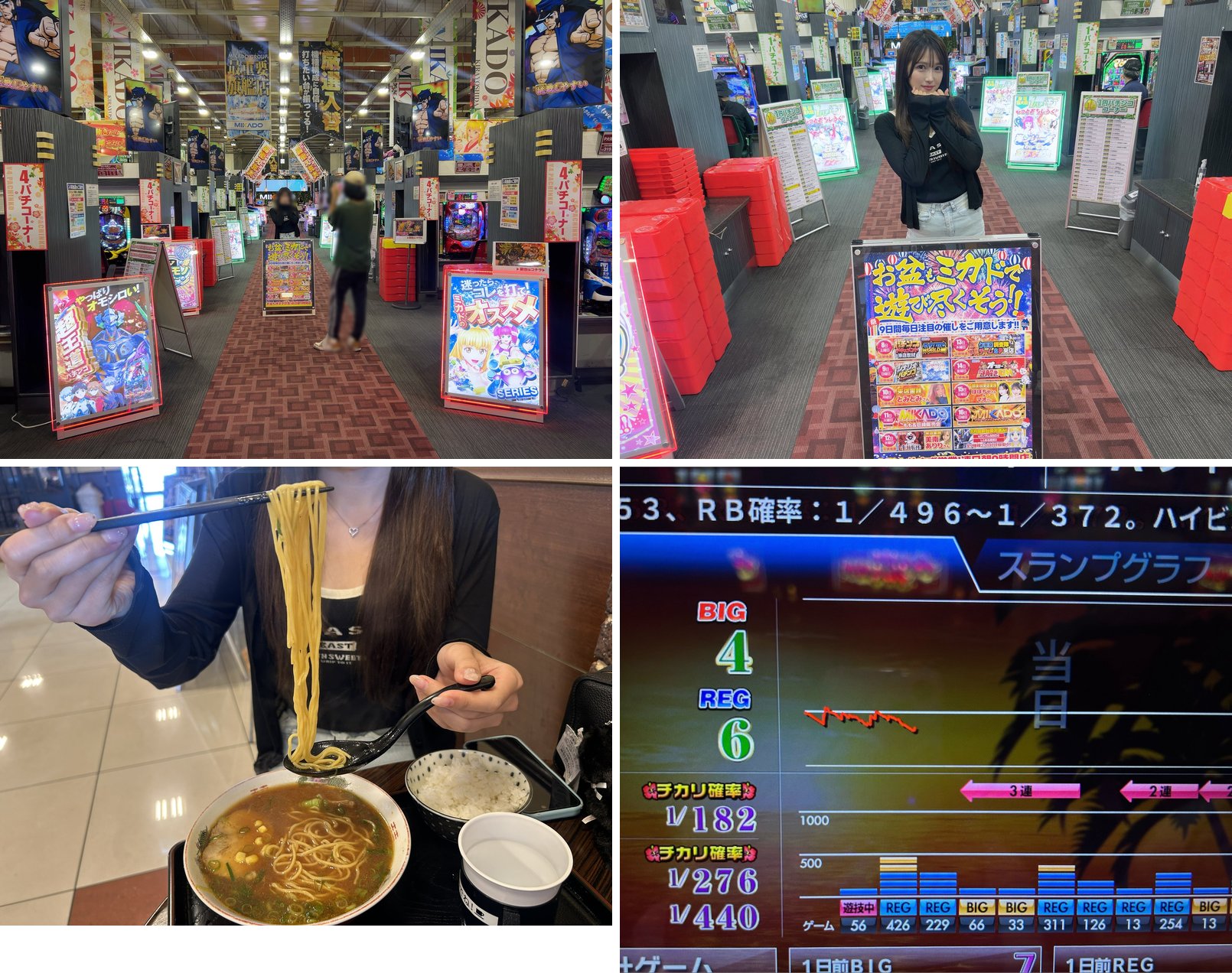 (1)8/15 11:06 店内パチンココーナーの通路 (2)店内POP前に立つ妹のマオ (3)8/15 12:06 昼食のラーメン (4)8/15 14:06 ハナハナのデータ表示