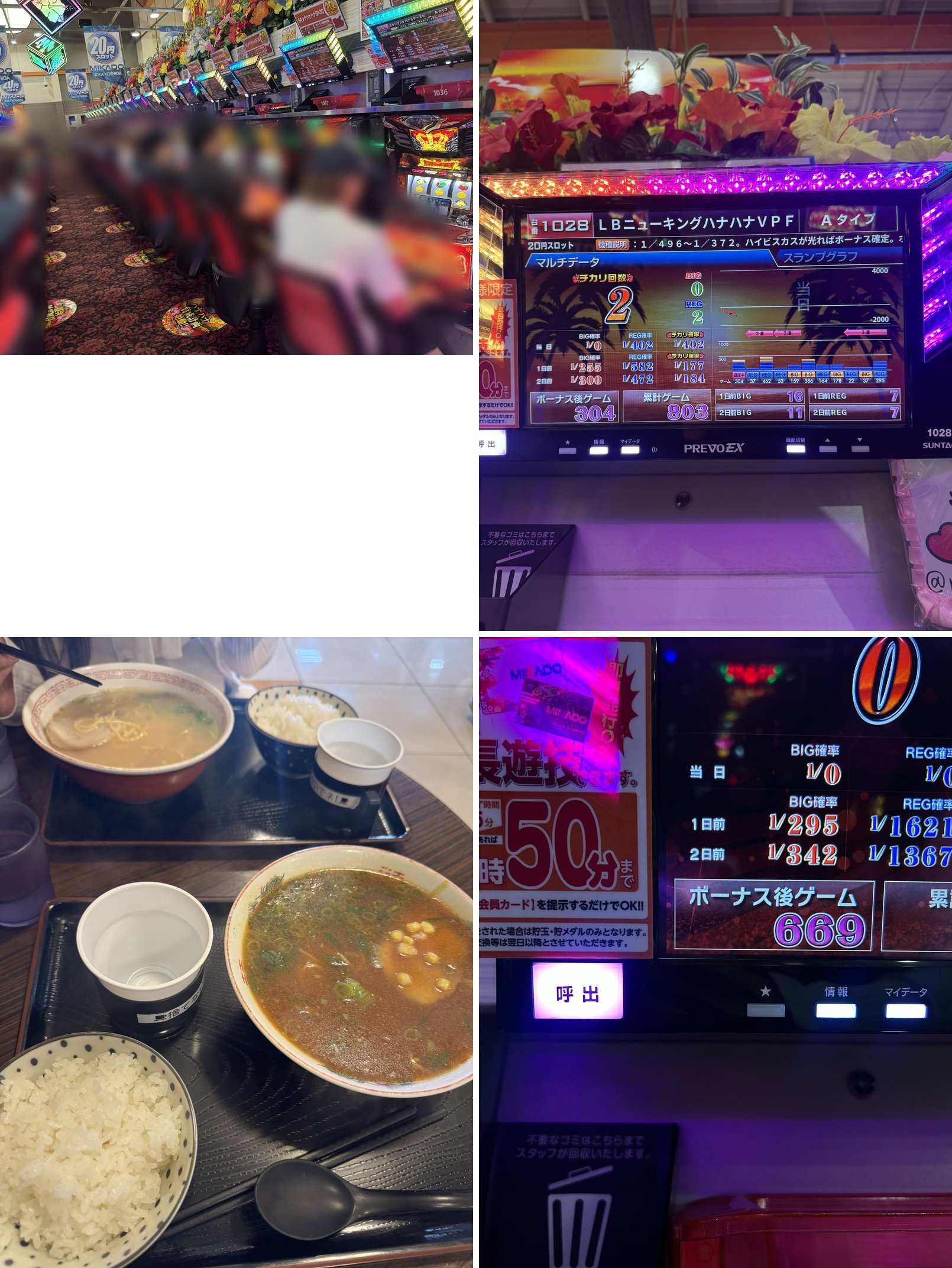(1)8/15 11:09 稼働するスロット島 (2)ニューキングハナハナのデータ表示 (3)8/15 12:09 昼食のラーメン (4)8/15 13:11 移動先の台のデータ表示